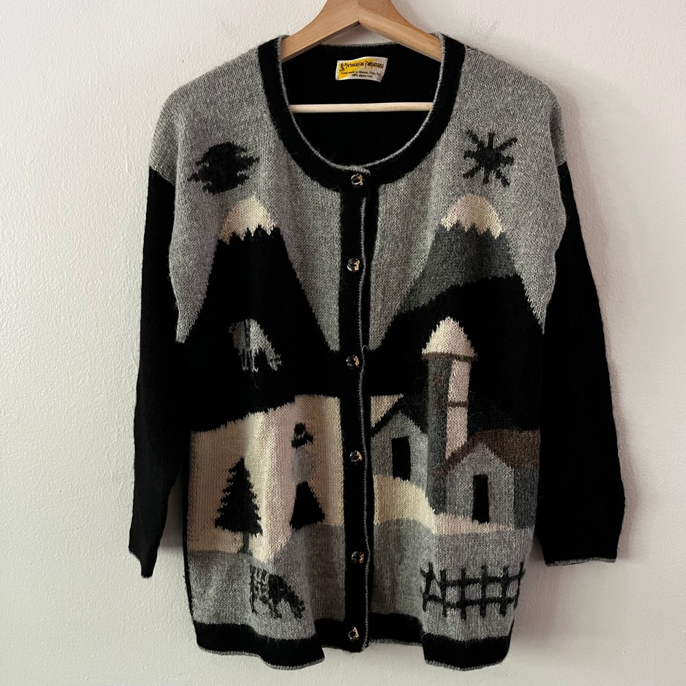Artesanias Pachamama Alpaca Handmade in Peru Cardigan Black Gray size‎ medium